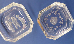 HEINRICH HOFFMAN. Pair of 1930s Intaglio Clear Czech Glass Pin Salt Dishes. Cupid & Little Dutch Boys Smoking