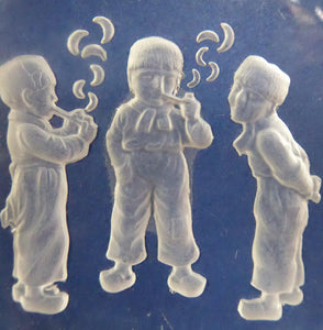 HEINRICH HOFFMAN. Pair of 1930s Intaglio Clear Czech Glass Pin Salt Dishes. Cupid & Little Dutch Boys Smoking