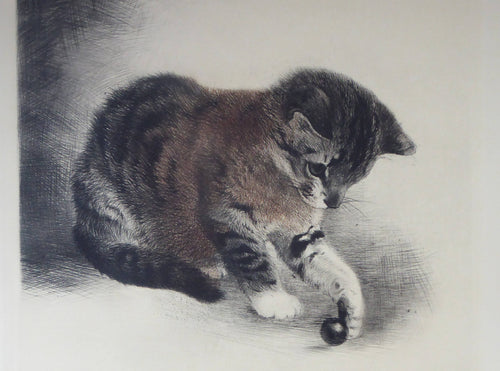 Pencil Signed Etching by Kurt Meyer-Eberhardt Kitten Playing with a Ball