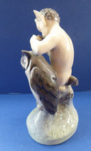 Load image into Gallery viewer, ROYAL COPENHAGEN 1960s PAN Figurine. The Satyr Blowing his Pan Pipes to his Attentive Friend the Owl. Rarer Vintage Model No. 2107
