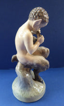 Load image into Gallery viewer, ROYAL COPENHAGEN 1960s PAN Figurine. The Satyr Blowing his Pan Pipes to his Attentive Friend the Owl. Rarer Vintage Model No. 2107
