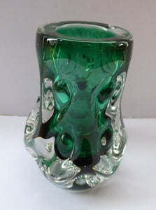 LISKEARD Glass Vase. Collectable Cornish Glass. Emerald Centre Cased with Thick Knobbly Clear Layer. Designed by Jim Dyer