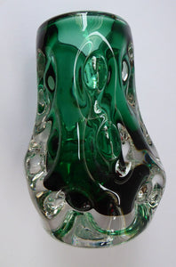 LISKEARD Glass Vase. Collectable Cornish Glass. Emerald Centre Cased with Thick Knobbly Clear Layer. Designed by Jim Dyer