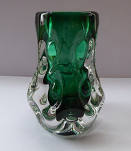 Load image into Gallery viewer, LISKEARD Glass Vase. Collectable Cornish Glass. Emerald Centre Cased with Thick Knobbly Clear Layer. Designed by Jim Dyer
