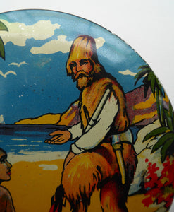 Rare 1950s ROBINSON CRUSOE Biscuit or Toffee Tin. 6 inches in diameter