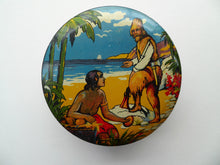 Load image into Gallery viewer, Rare 1950s ROBINSON CRUSOE Biscuit or Toffee Tin. 6 inches in diameter
