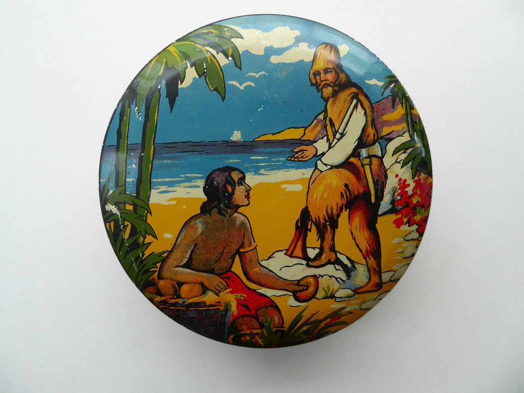 Rare 1950s ROBINSON CRUSOE Biscuit or Toffee Tin. 6 inches in diameter