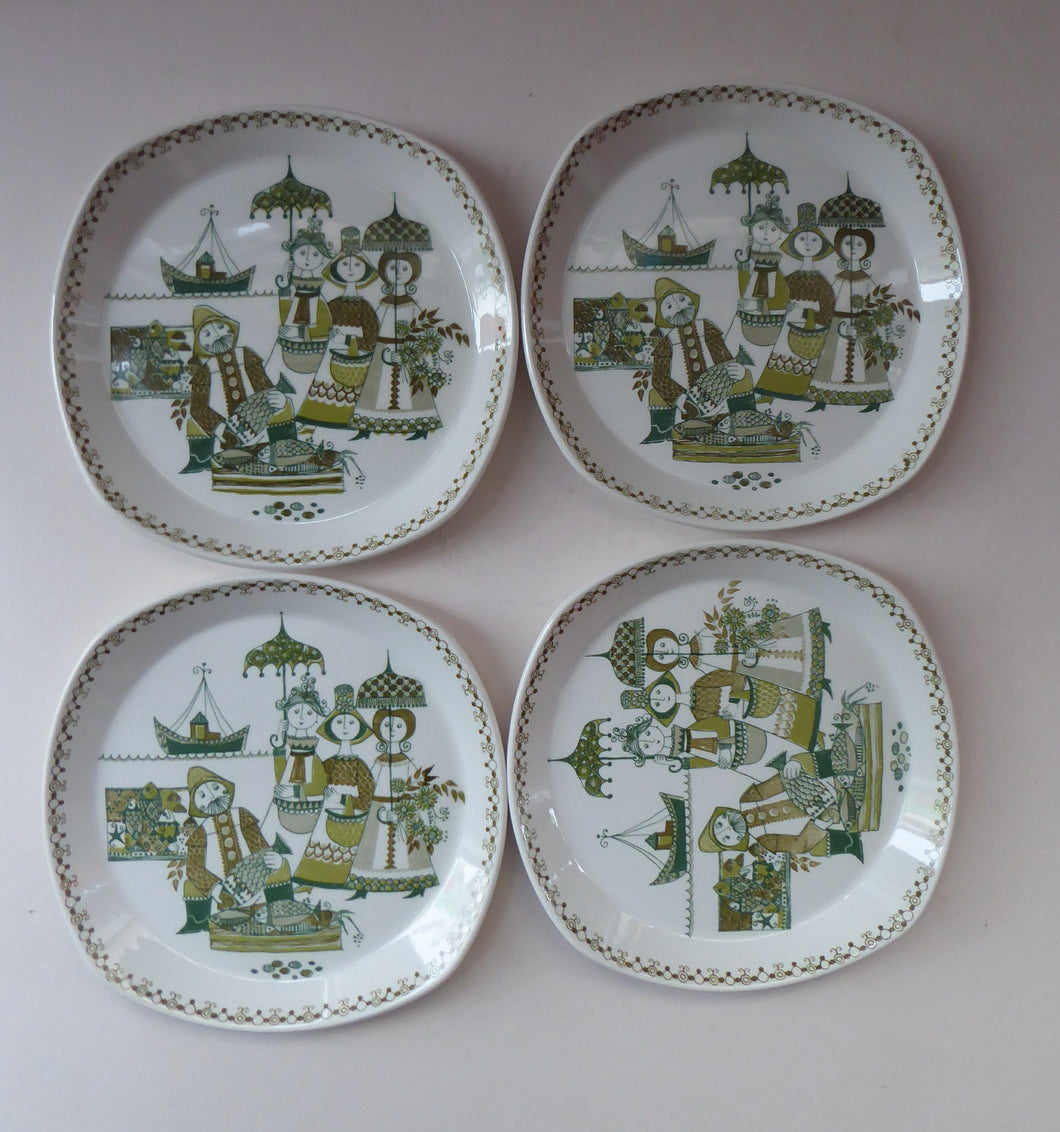 FOUR Norwegian 1960s Figgjo Flint Turi Design ‘Market’ Side Plates. Diameter 7 1/4 inches