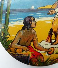 Load image into Gallery viewer, Rare 1950s ROBINSON CRUSOE Biscuit or Toffee Tin. 6 inches in diameter
