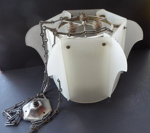 1930s Art Deco Hanging Light Shade White Frosted Glass Panels on Metal Frame