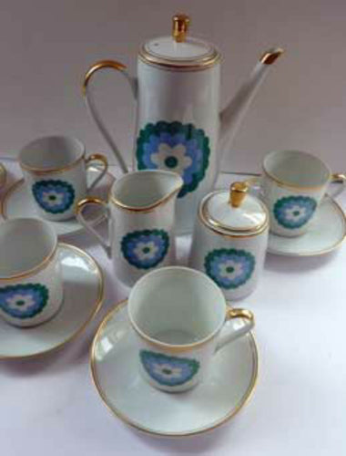 Vintage 1960s Polish Porcelain Coffee Set Abstract Blue Flowers