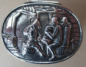 SOLID SILVER 830 Hinged Lid DUTCH Snuff Box  with Ostade Style Tavern Scene. Excellent Vintage Condition