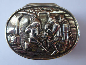 SOLID SILVER 830 Hinged Lid DUTCH Snuff Box  with Ostade Style Tavern Scene. Excellent Vintage Condition