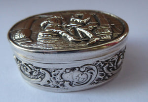 SOLID SILVER 830 Hinged Lid DUTCH Snuff Box  with Ostade Style Tavern Scene. Excellent Vintage Condition