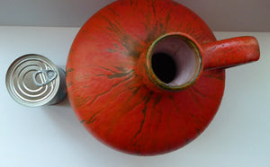 1960s LARGE West German Ruscha Vase with Handle. Scarlet Red Thick Volcano Glaze