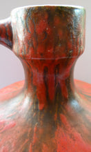 Load image into Gallery viewer, 1960s LARGE West German Ruscha Vase with Handle. Scarlet Red Thick Volcano Glaze
