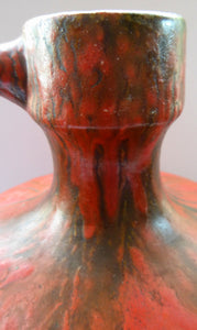 1960s LARGE West German Ruscha Vase with Handle. Scarlet Red Thick Volcano Glaze