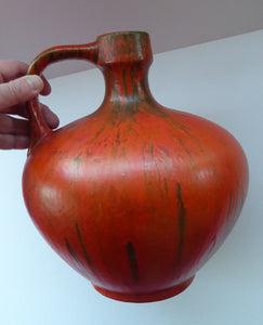 1960s LARGE West German Ruscha Vase with Handle. Scarlet Red Thick Volcano Glaze