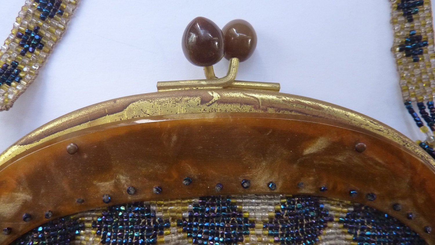 Evening Bag 1930's Black and Gold Beaded Clasp Brass 