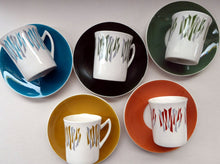 Load image into Gallery viewer, Five 1970s Harlequin Colours ELIZABETHAN KON-TIKI Vintage Cups and Saucers
