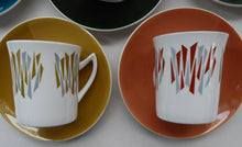 Load image into Gallery viewer, Five 1970s Harlequin Colours ELIZABETHAN KON-TIKI Vintage Cups and Saucers
