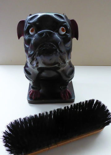 Antique Carved Wood Edwardian English BULLDOG Clothes Brush Holder: and Original Bristle Brush